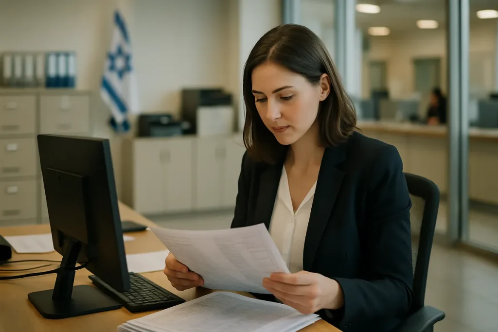 עובדת רשות מקומית מעיינת בתיקי תושבים במשרד עירוני