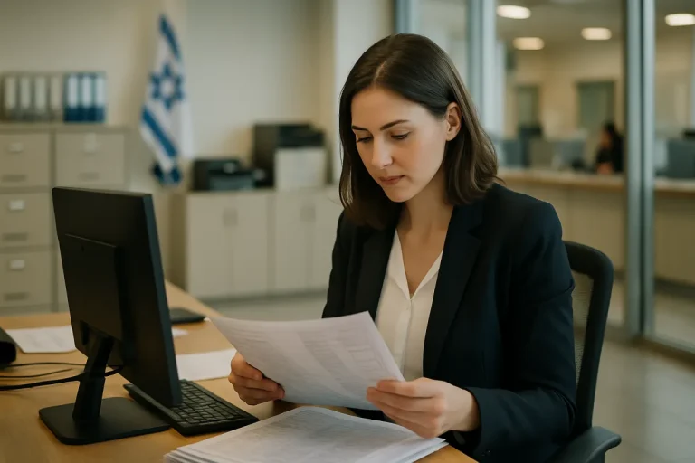 עובדת רשות מקומית מעיינת בתיקי תושבים במשרד עירוני