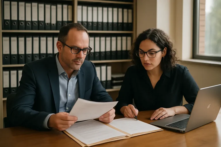 שני אנשי מקצוע בודקים תיקי לקוחות במשרד רואי חשבון ועורכי דין