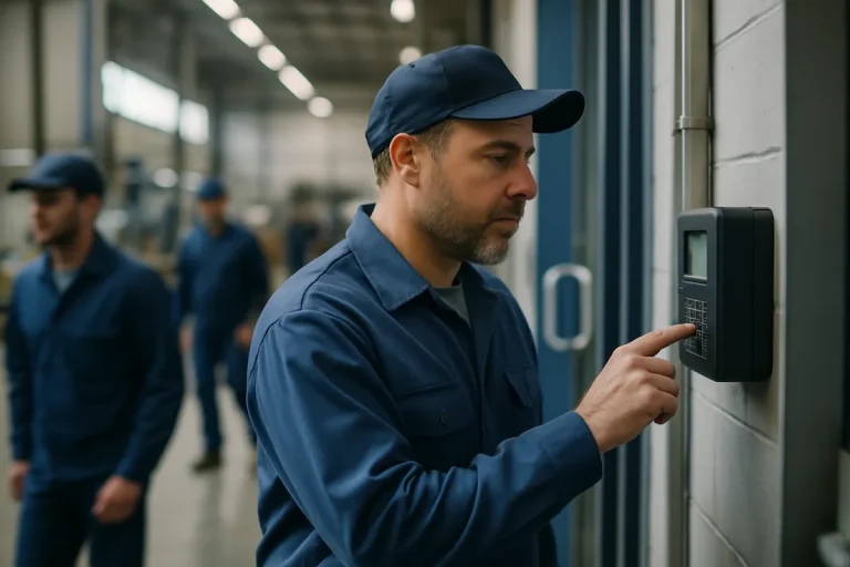 עובד מדווח נוכחות במסוף ביומטרי בכניסה למקום העבודה
