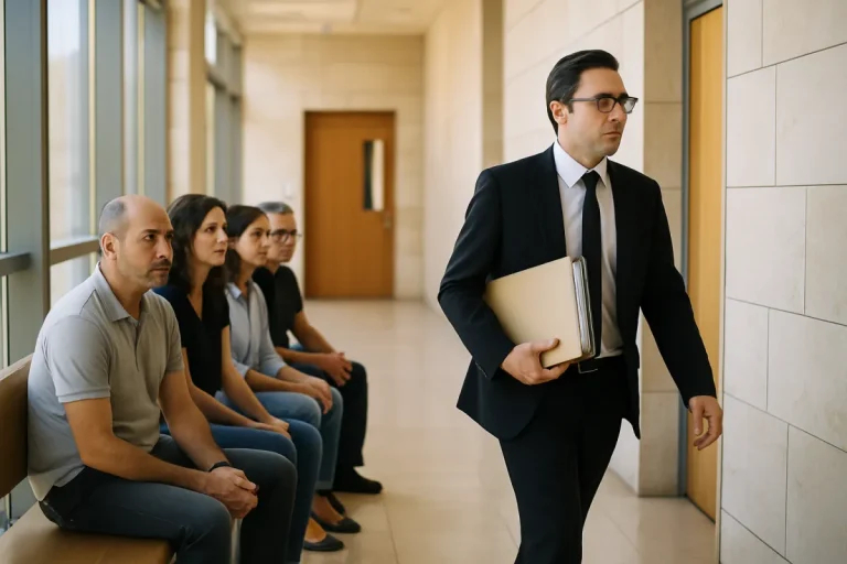 אנשים ועורך דין מחוץ לאולם דיונים בהליך תובענה ייצוגית בגין דליפת מידע