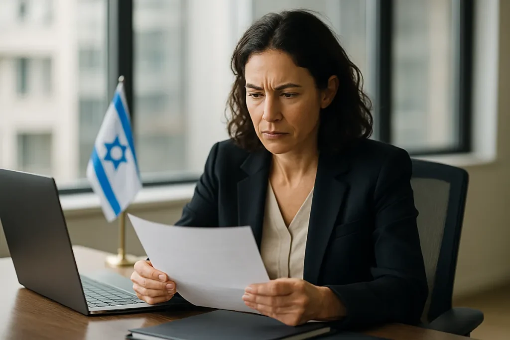 מנהלת עסק קוראת מכתב רשמי מהרשות להגנת הפרטיות ליד מחשב נייד במשרד