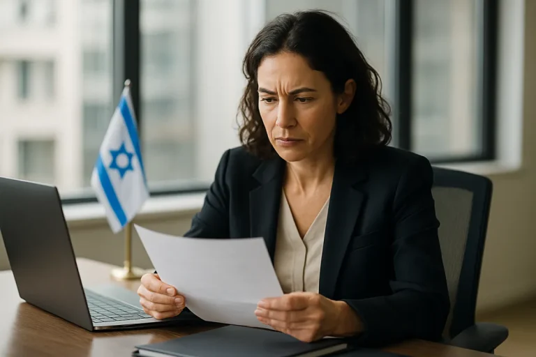 מנהלת עסק קוראת מכתב רשמי מהרשות להגנת הפרטיות ליד מחשב נייד במשרד