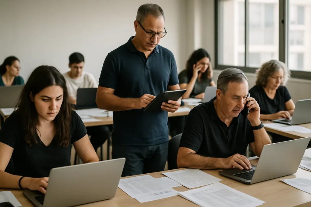 צוות קמפיין עובד מול מחשבים ניידים במטה בחירות ומנהל רשימות בוחרים